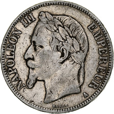 Moneda, Francia, Napoleon III, 5 Francs, 1867, Paris, BC+, Plata, KM:799.1
