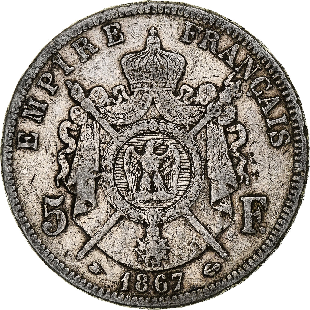 Moneda, Francia, Napoleon III, 5 Francs, 1867, Paris, BC+, Plata, KM:799.1