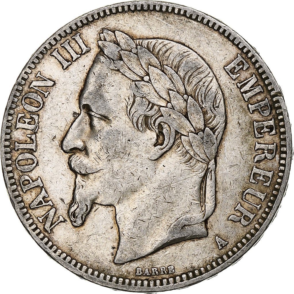 Moneda, Francia, Napoleon III, 5 Francs, 1867, Paris, BC+, Plata, KM:799.1