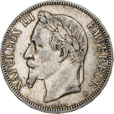 Moneda, Francia, Napoleon III, 5 Francs, 1867, Paris, BC+, Plata, KM:799.1