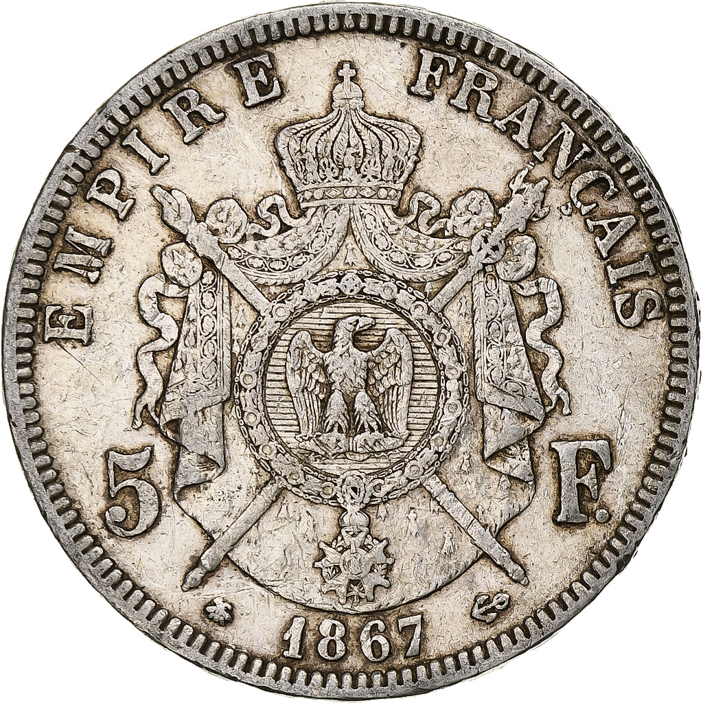 Moneda, Francia, Napoleon III, 5 Francs, 1867, Paris, BC+, Plata, KM:799.1