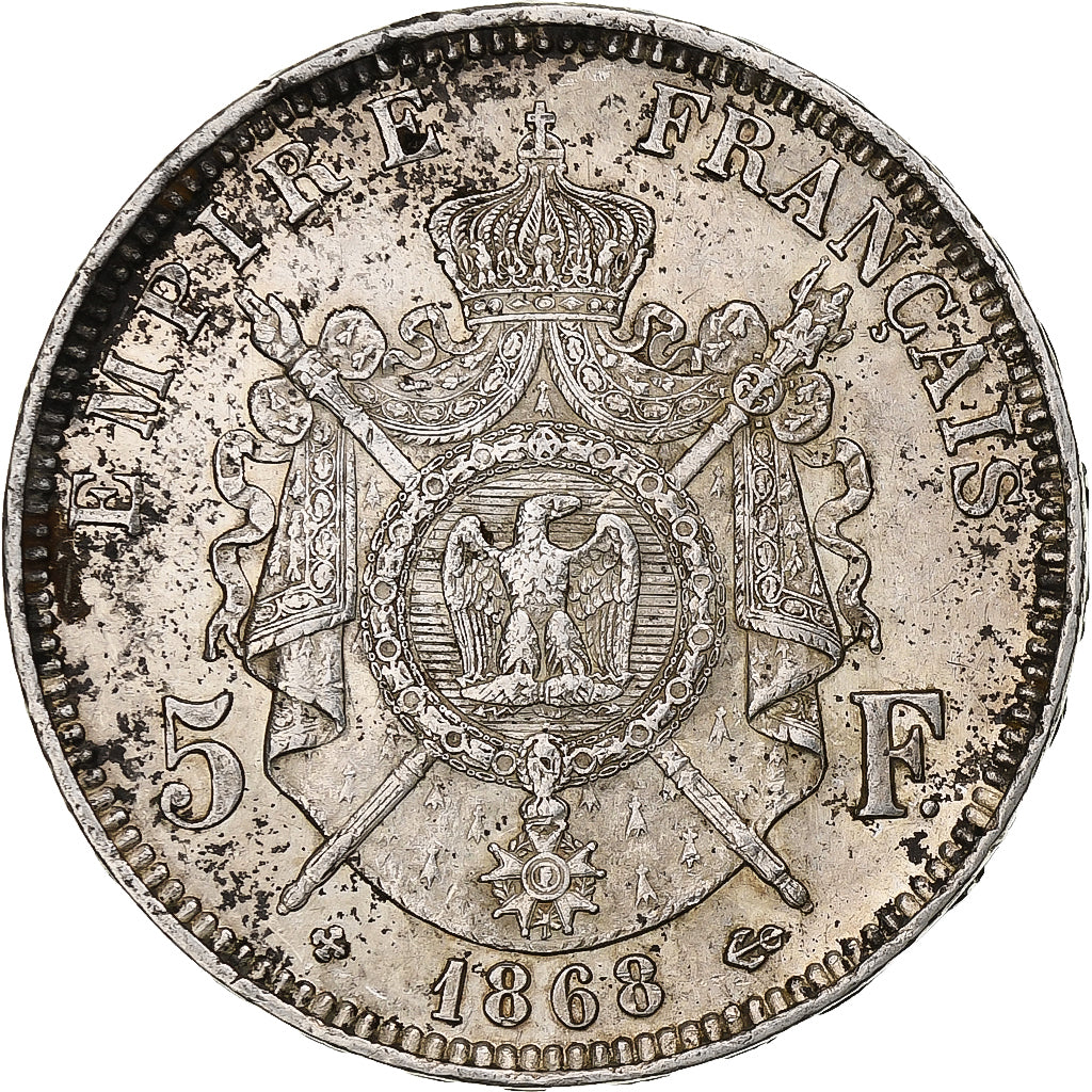 Moneta, Francja, Napoleon III, 5 Francs, 1868, Strasbourg, F(12-15), Srebro