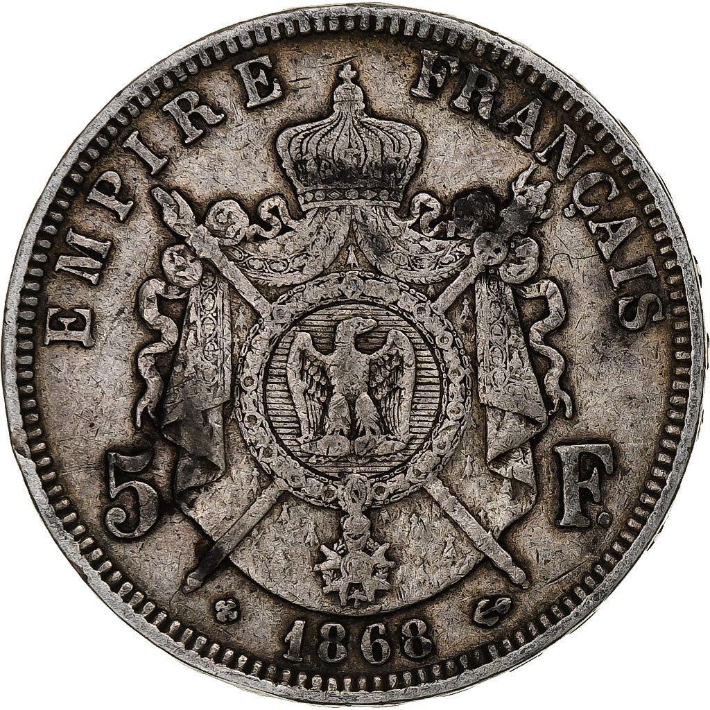 Moneda, Francia, Napoleon III, 5 Francs, 1868, Strasbourg, BC+, Plata