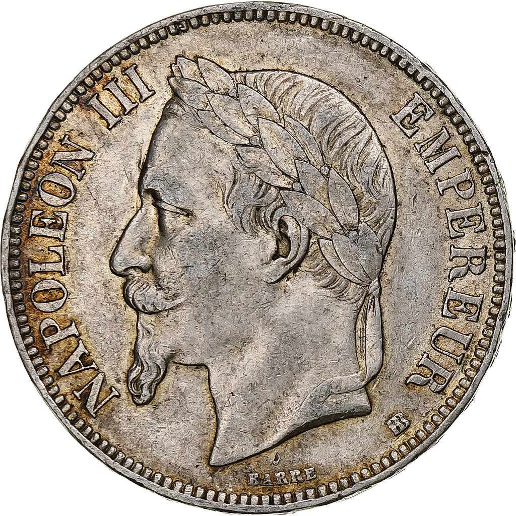 França, Napoleon III, 5 Francs, 1868, Strasbourg, Prata, EF(40-45), Gadoury:739
