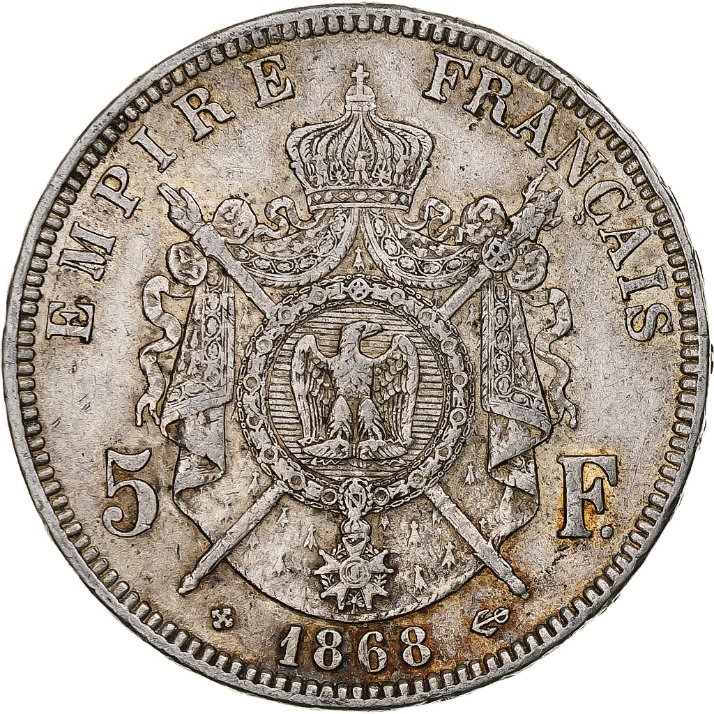 França, Napoleon III, 5 Francs, 1868, Strasbourg, Prata, EF(40-45), Gadoury:739