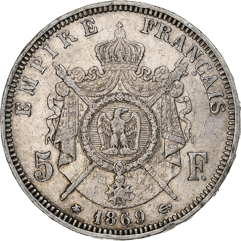 Moeda, França, Napoleon III, 5 Francs, 1869, Paris, VF(30-35), Prata, KM:799.1