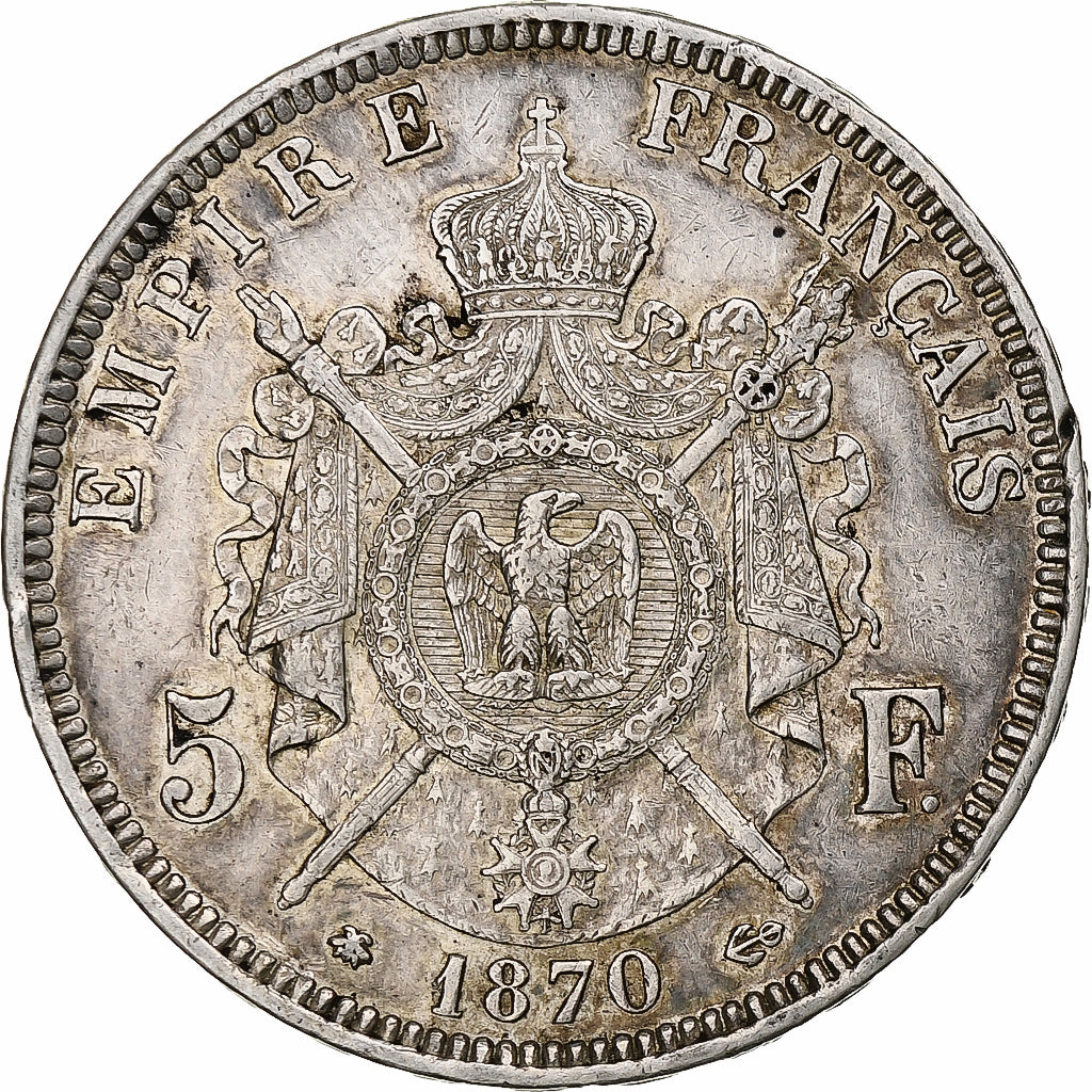 Moeda, França, Napoleon III, 5 Francs, 1870, Paris, EF(40-45), Prata, KM:799.1
