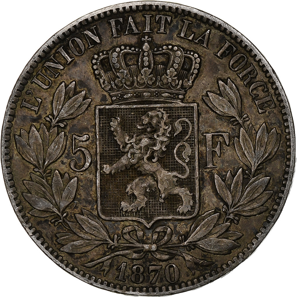 Coin, Belgium, Leopold II, 5 Francs, 5 Frank, 1870, Brussels, VF(30-35), Silver