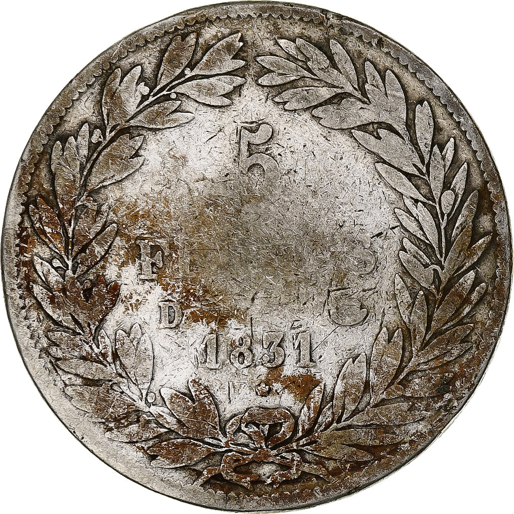 França, 5 Francs, Louis-Philippe, 1831, Lyon, Prata, VF(30-35), Gadoury:676