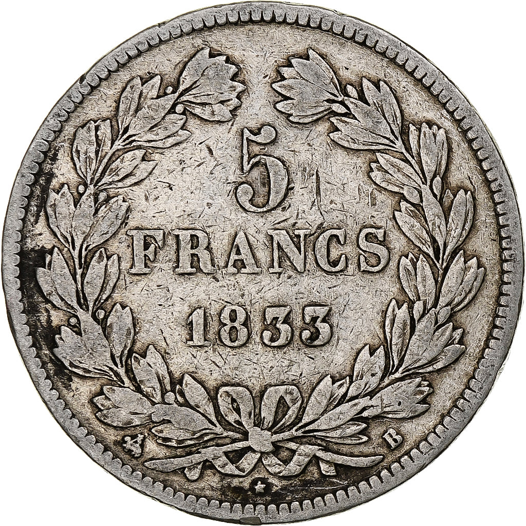 Moneta, Francia, Louis-Philippe, 5 Francs, 1833, Rouen, MB, Argento, KM:749.2