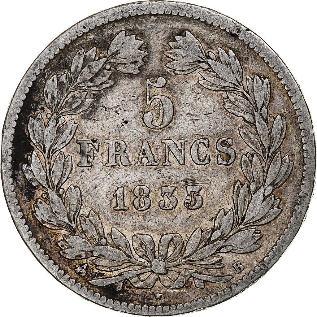 Moneta, Francia, Louis-Philippe, 5 Francs, 1833, Rouen, MB+, Argento, KM:749.2