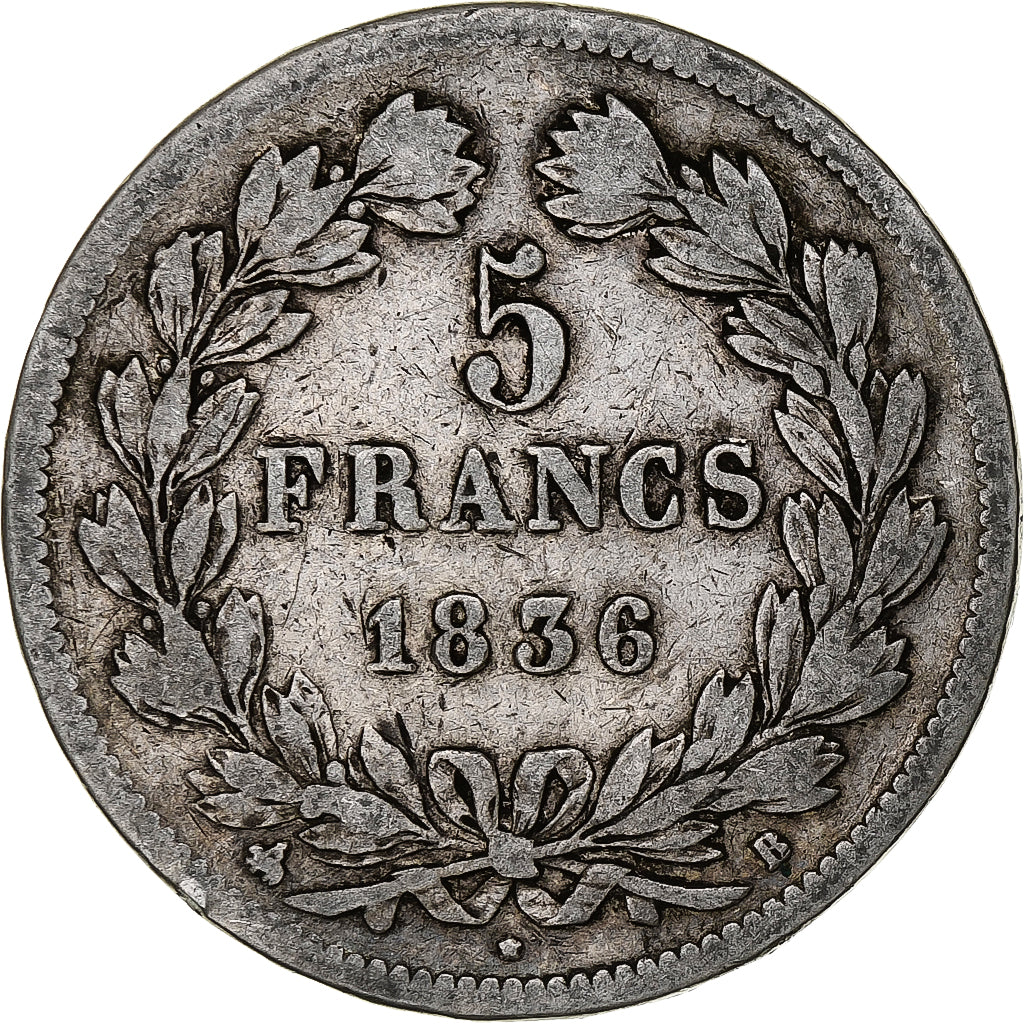 Coin, France, Louis-Philippe, 5 Francs, 1836, Rouen, VF(30-35), Silver