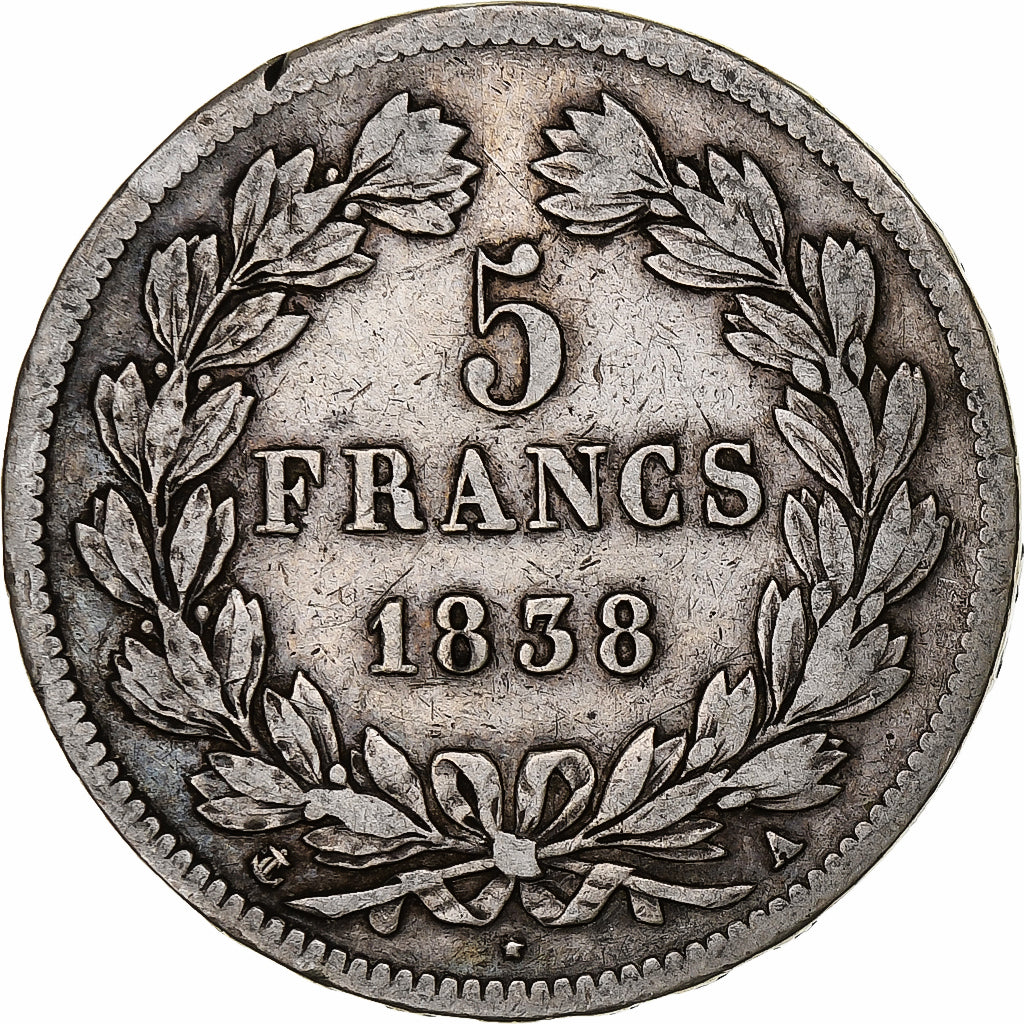 Moneta, Francia, Louis-Philippe, 5 Francs, 1838, Paris, MB+, Argento, KM:749.1
