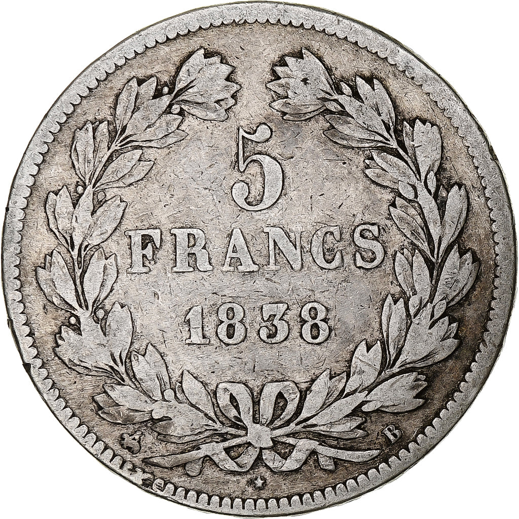 Moneta, Francia, Louis-Philippe, 5 Francs, 1838, Rouen, MB+, Argento, KM:749.2