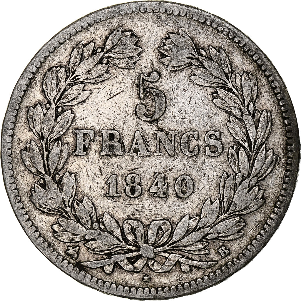 Moneta, Francia, Louis-Philippe, 5 Francs, 1840, Rouen, MB+, Argento, KM:749.2