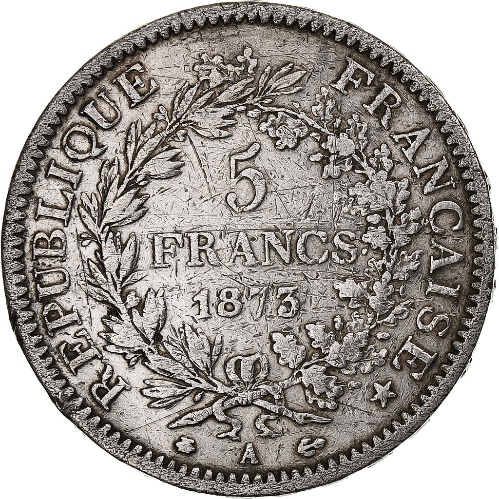Moneda, Francia, Hercule, 5 Francs, 1873, Paris, BC+, Plata, KM:820.1