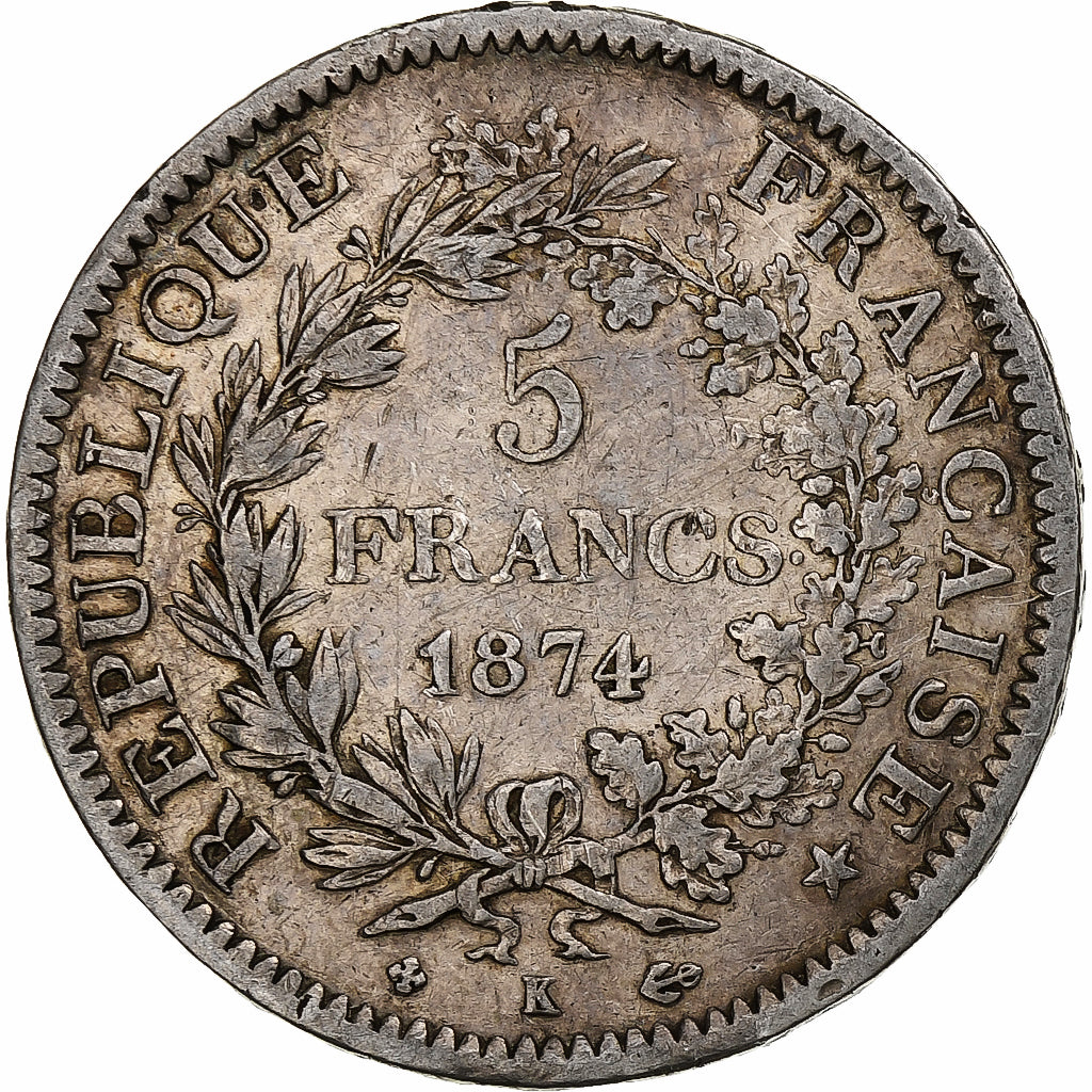 Moneta, Francia, Hercule, 5 Francs, 1874, Bordeaux, MB+, Argento, KM:820.2, Le