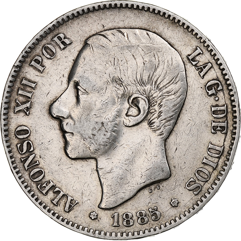Moneta, Spagna, Alfonso XII, 5 Pesetas, 1885 (87), Madrid, MB+, Argento, KM:688