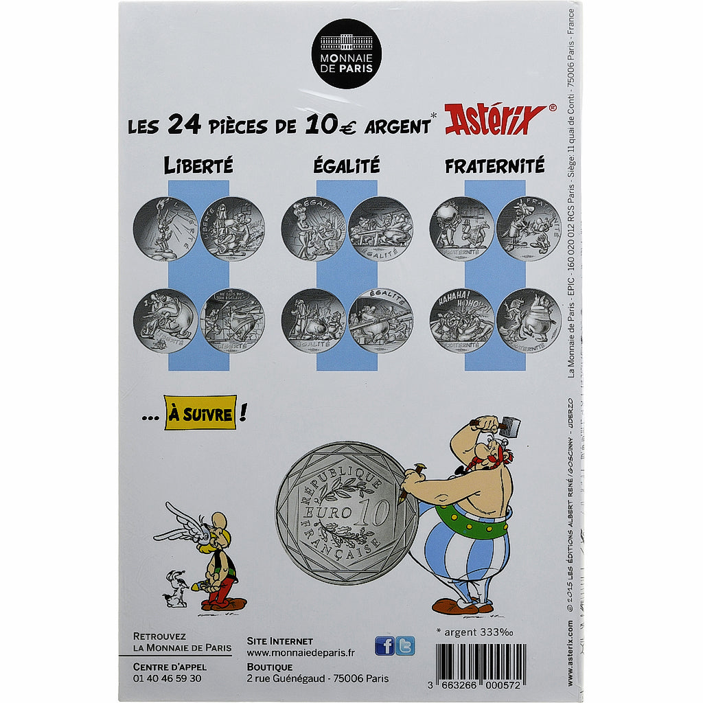 Francia, 10 Euro, Fraternité, Astérix, 2015, Paris, FDC, Argento