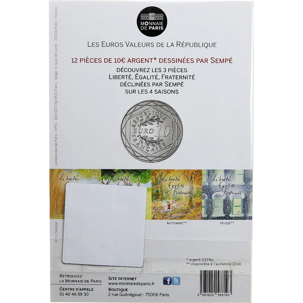 France, Sempé - Liberté, 10 Euro, 2014, MS(65-70), Silver