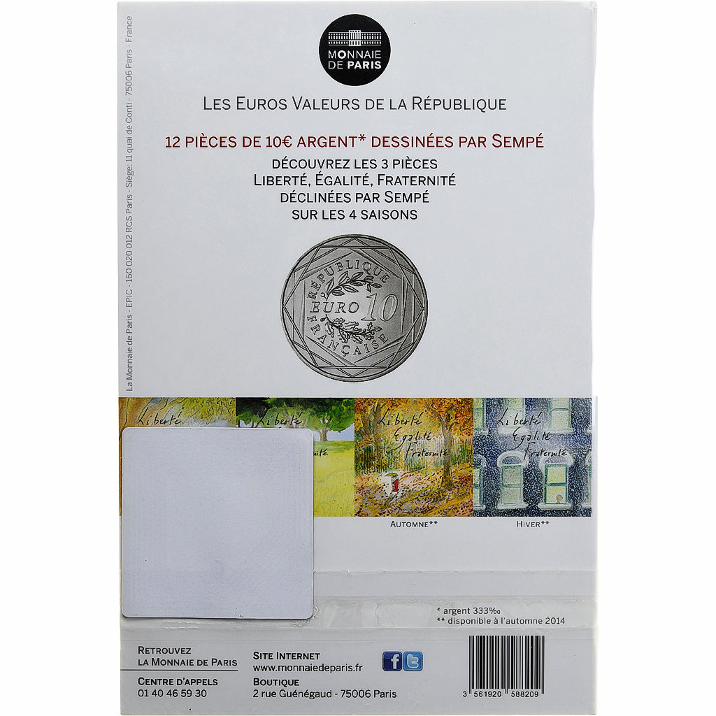France, 10 Euro, Fraternité Hiver Sempé, 2014, MS(65-70), Silver