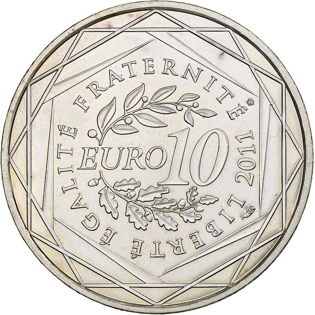 França, 10 Euro, Auvergne, 2011, Paris, MS(65-70), Prata, KM:1728