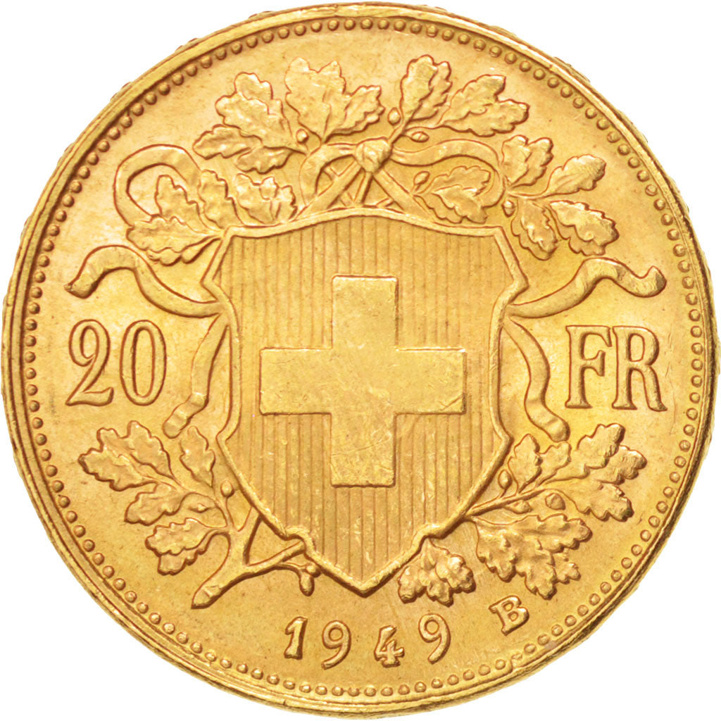 SWITZERLAND, 20 Francs, 1949, Bern, KM #35.2, AU(55-58), Gold, 6.45
