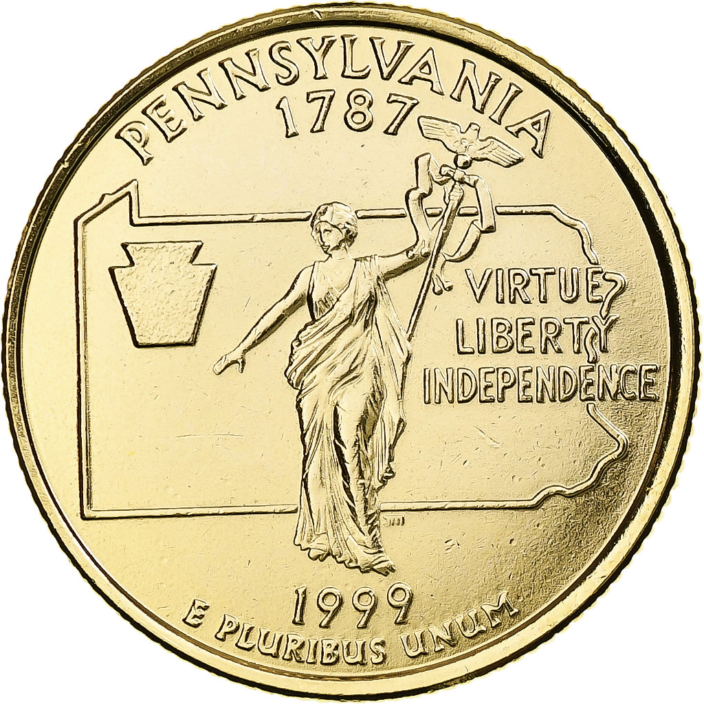United States, Quarter, Pennsylvania, 1999, U.S. Mint, gold-plated coin