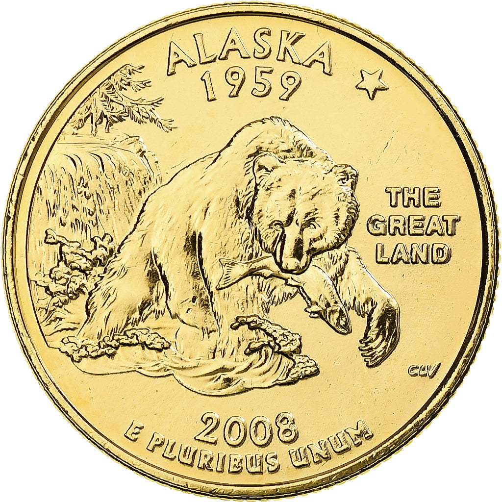 Stati Uniti, Alaska, Quarter, 2008, U.S. Mint, Philadelphia, FDC, Rame ricoperto