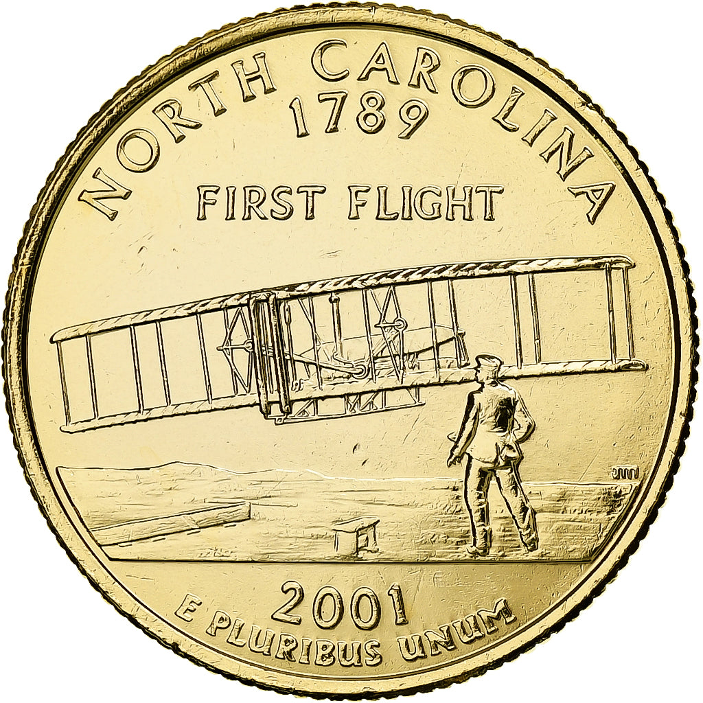 United States, Quarter, North Carolina, 2001, U.S. Mint, golden, Copper-Nickel