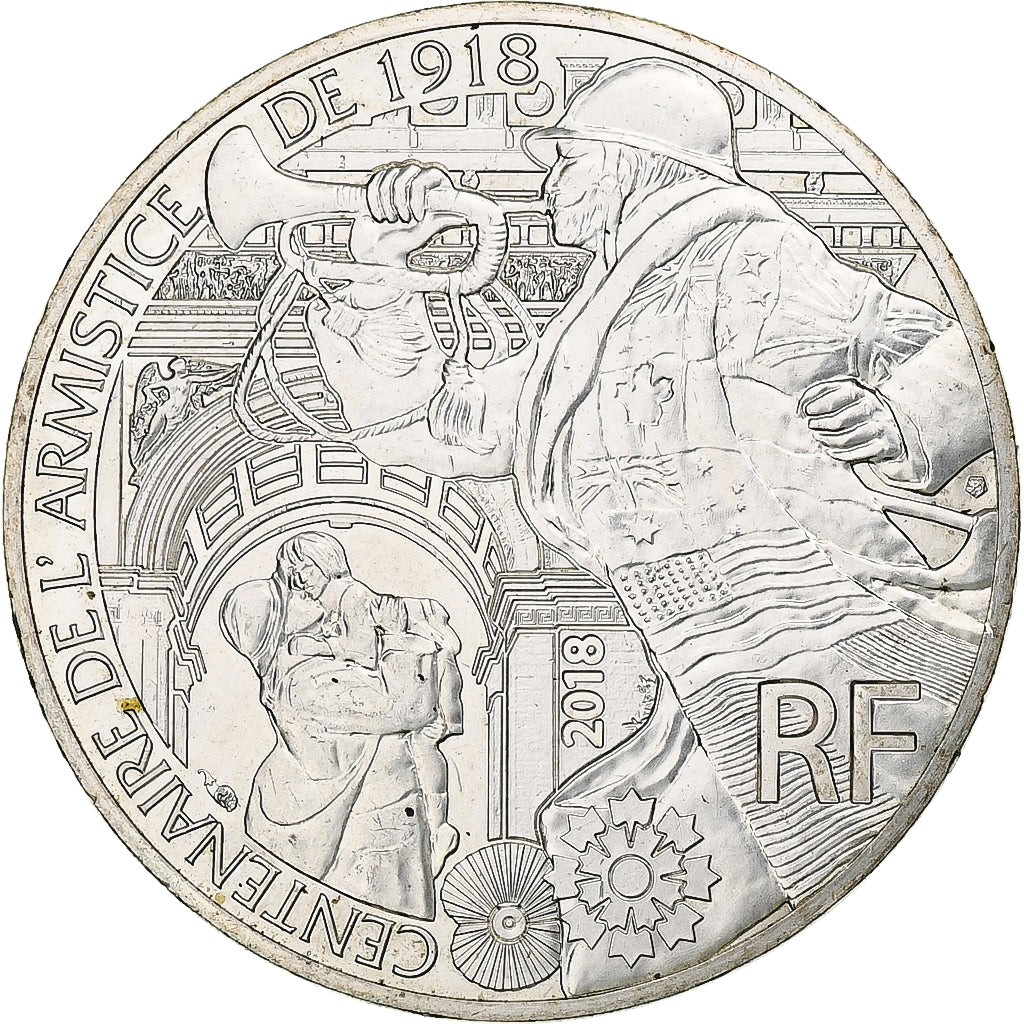 Francja, 10 Euro, 2018, Centenaire de l'Armistice 1918, MS(64), Srebro