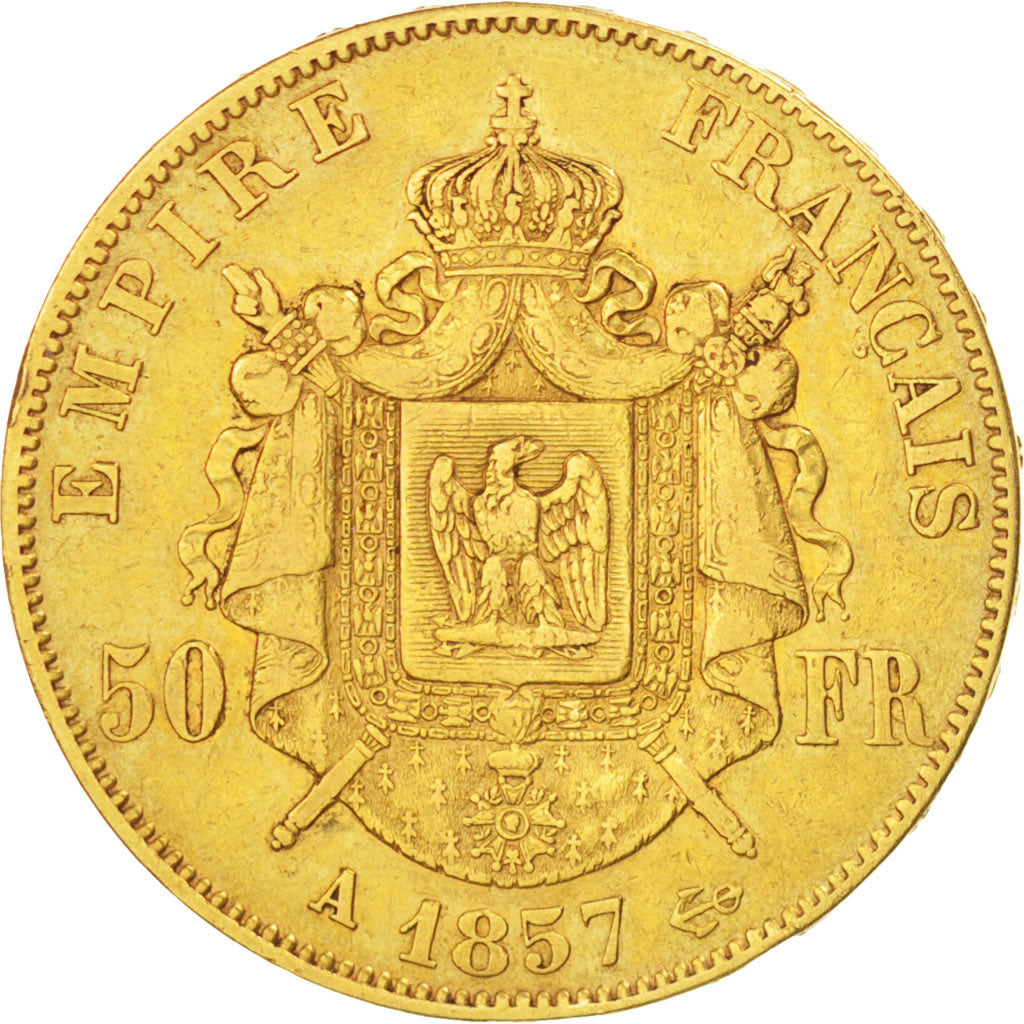 FRANCE, Napoléon III, 50 Francs, 1857, Paris, KM #785.1, VF(20-25), Gold, Gadour