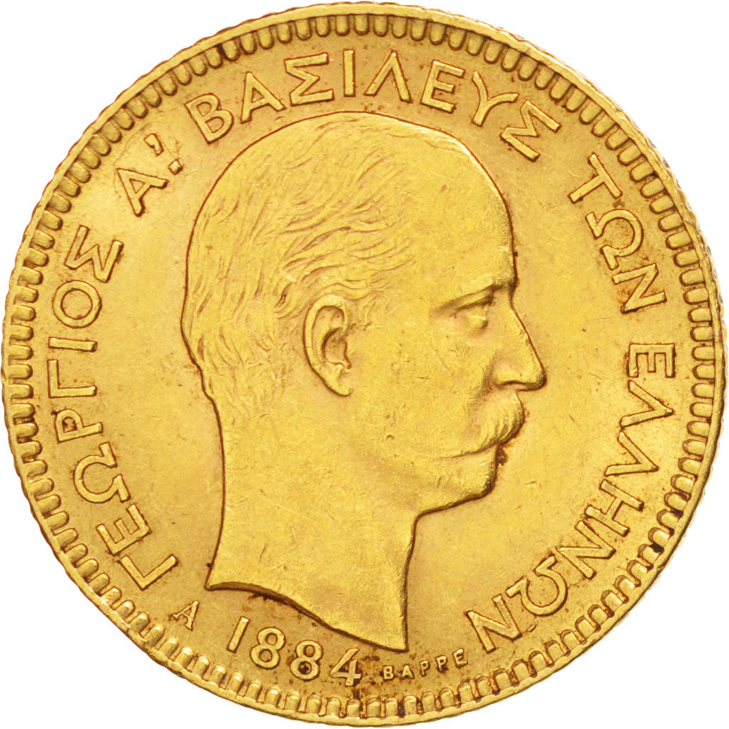 GREECE, 20 Drachmai, 1884, Paris, KM #56, EF(40-45), Gold, 6.44