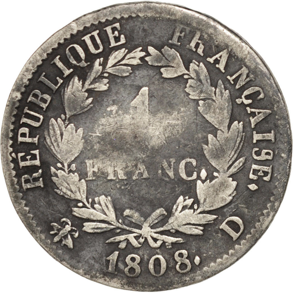 FRANCE, Napoléon I, Franc, 1808, Lyon, KM #682.4, F(12-15), Silver, Gadoury #446