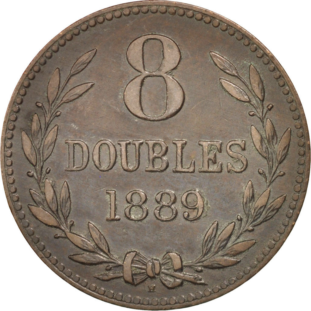 GUERNSEY, 8 Doubles, 1889, Heaton, KM #7, EF(40-45), Bronze, 31.6, 9.76
