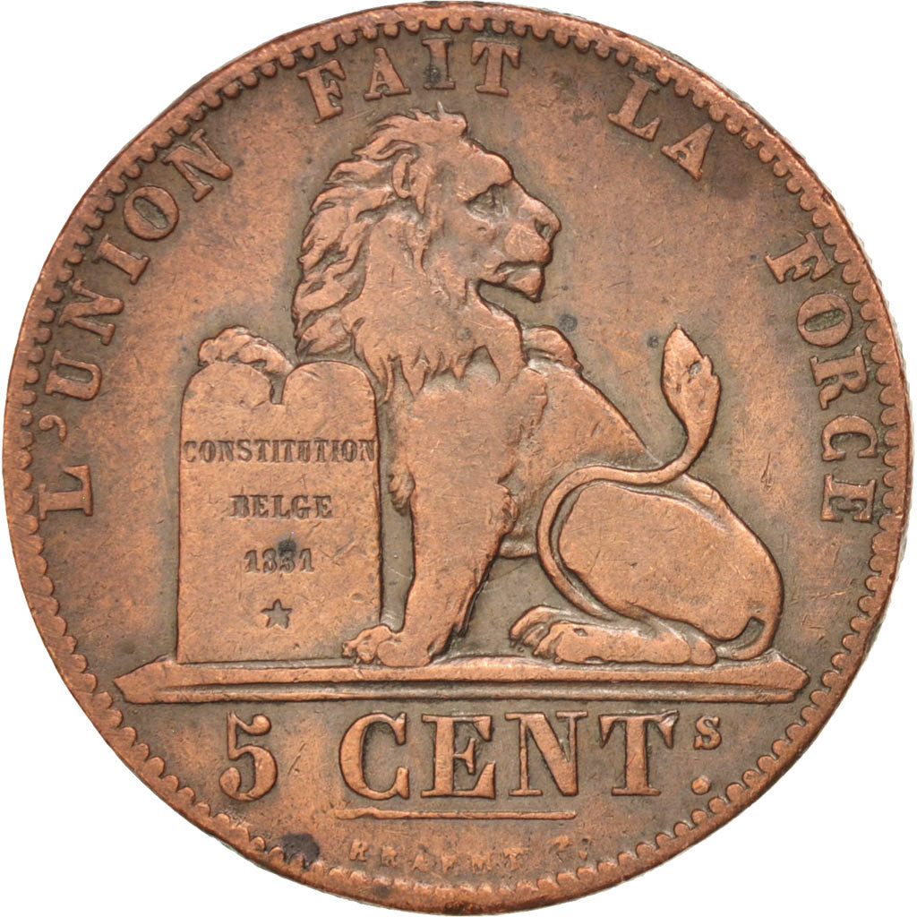BELGIUM, 5 Centimes, 1849, KM #5.1, VF(30-35), Copper, 28.3, 9.52