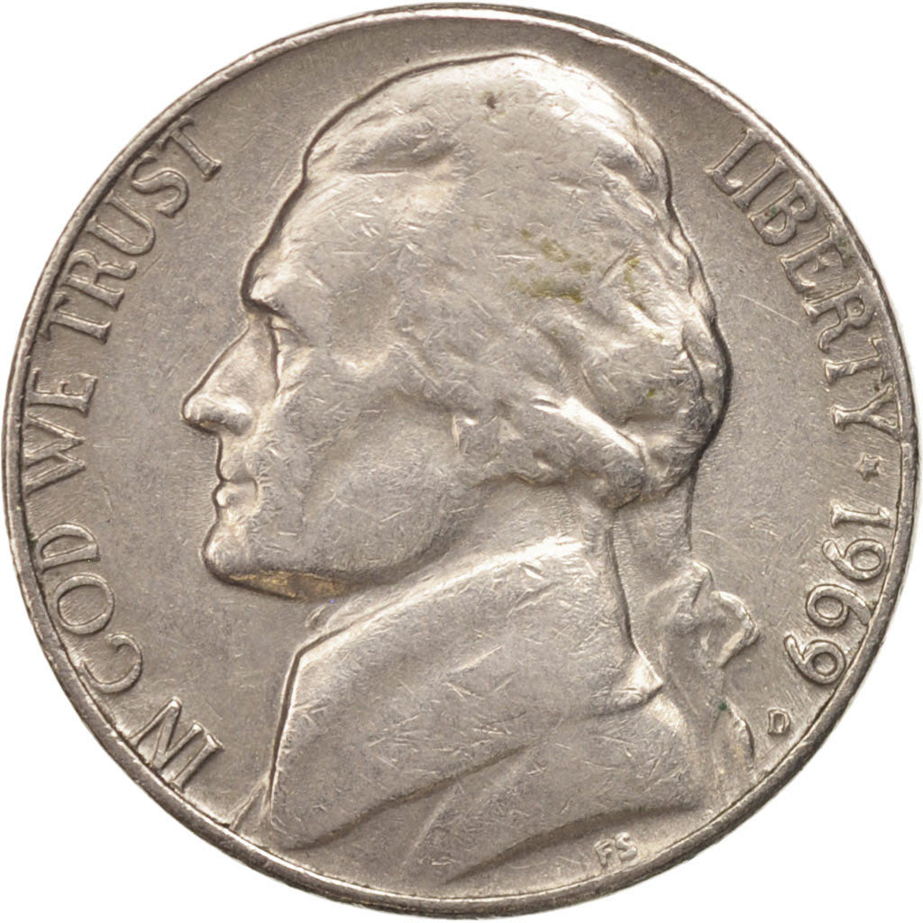 Coin, United States, Jefferson Nickel, 5 Cents, 1969, U.S. Mint, Denver