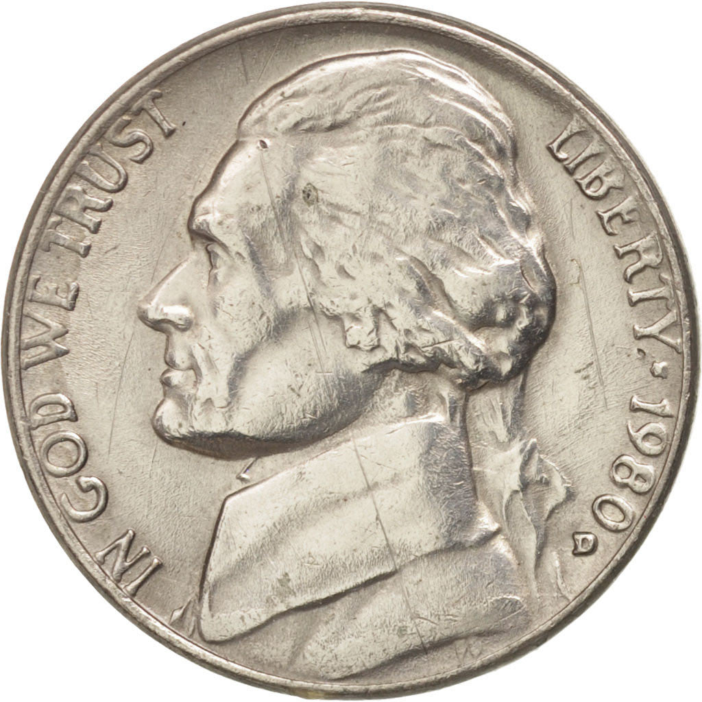 Coin, United States, Jefferson Nickel, 5 Cents, 1980, U.S. Mint, Denver