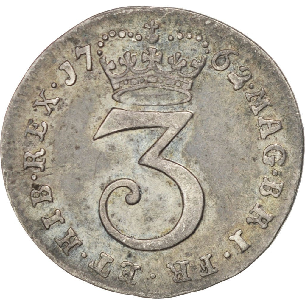 GREAT BRITAIN, 3 Pence, 1762, KM #591, AU(50-53), Silver, 1.51