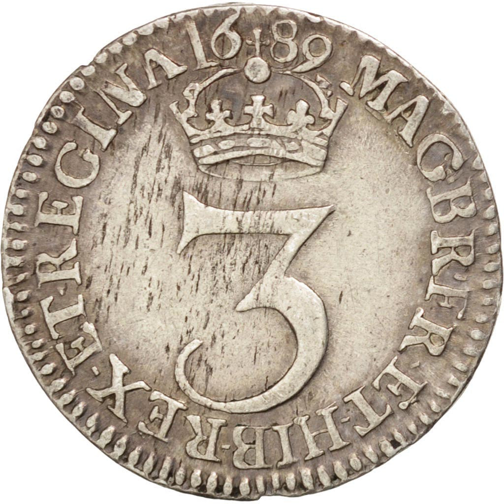 GREAT BRITAIN, 3 Pence, 1689, KM #470.1, EF(40-45), Silver, 1.50