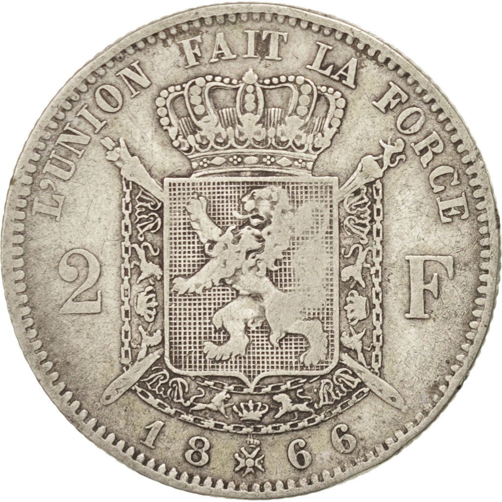 BELGIUM, 2 Francs, 2 Frank, 1866, KM #30.1, VF(30-35), Silver, 9.80