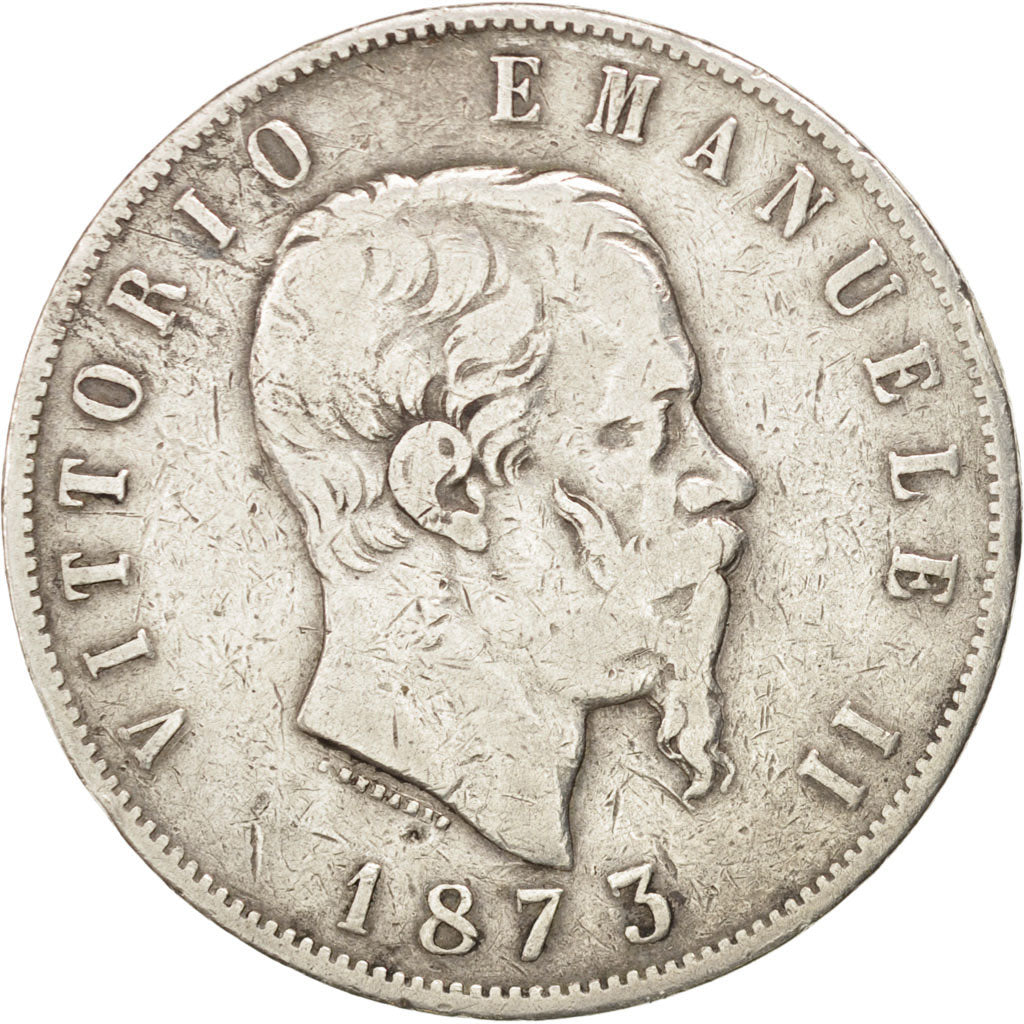 ITALY, 5 Lire, 1873, Milan, KM #8.3, VF(20-25), Silver, 24.75