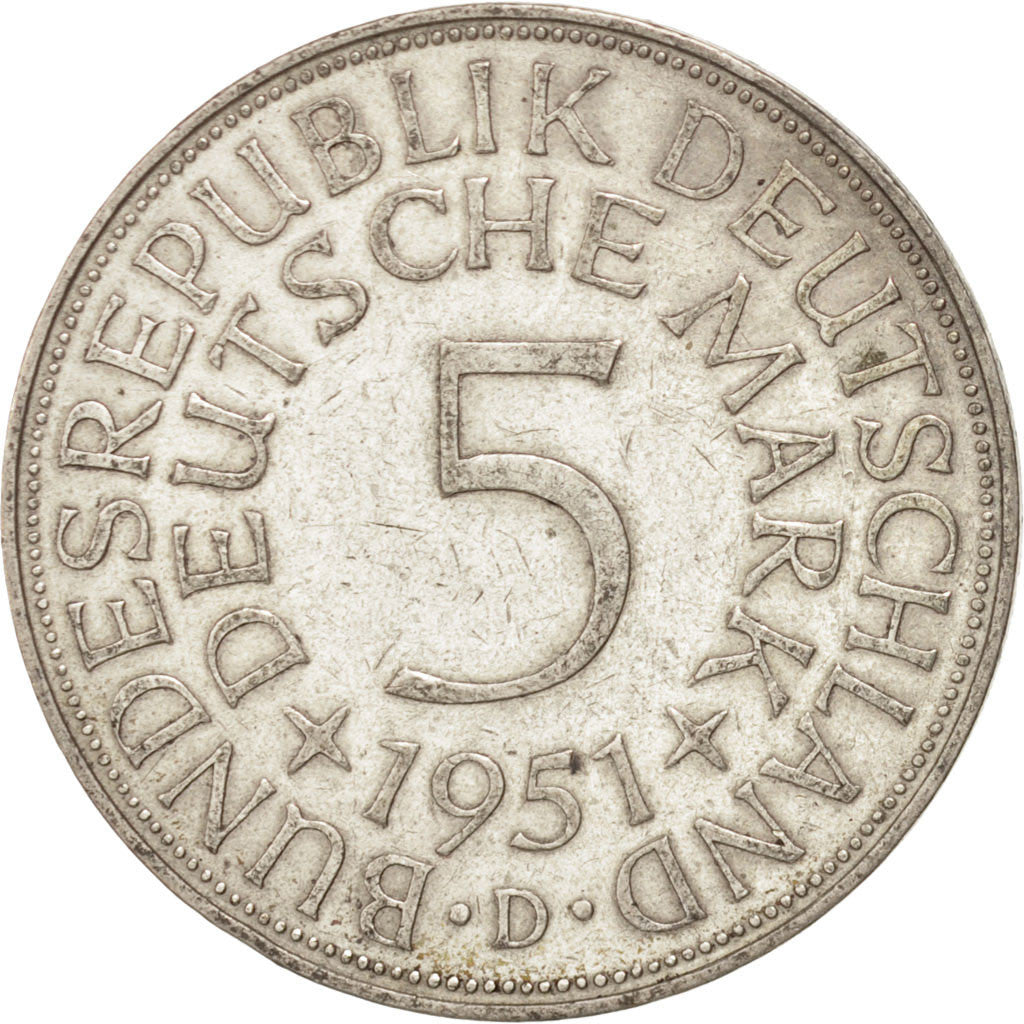 Coin, GERMANY - FEDERAL REPUBLIC, 5 Mark, 1951, Munich, AU(50-53), Silver