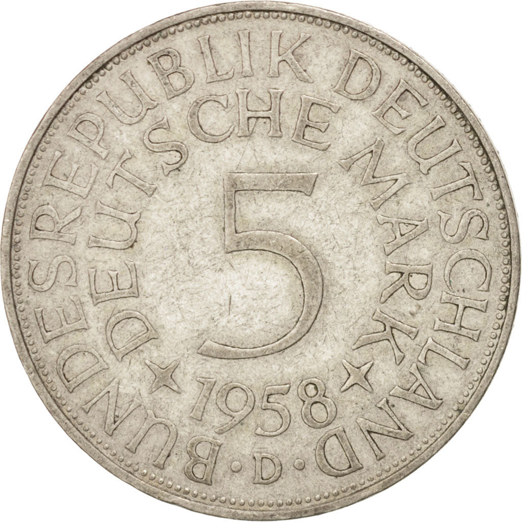 GERMANY - FEDERAL REPUBLIC, 5 Mark, 1958, Munich, KM #112.1, EF(40-45), Silver,.