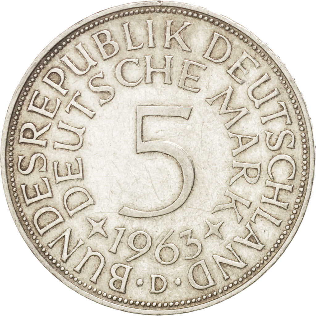 GERMANY - FEDERAL REPUBLIC, 5 Mark, 1963, Munich, KM #112.1, AU(50-53), Silver,.