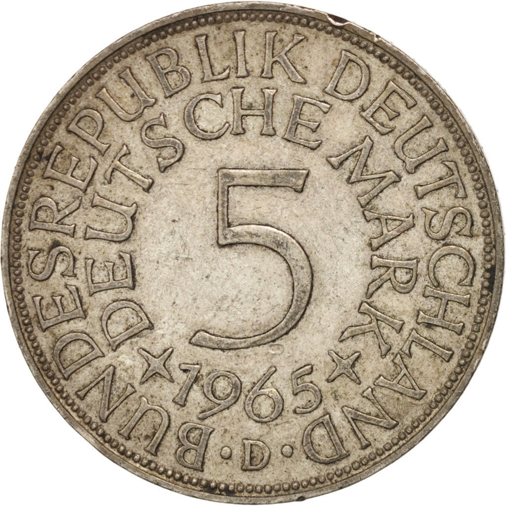 Coin, GERMANY - FEDERAL REPUBLIC, 5 Mark, 1965, Munich, EF(40-45), Silver