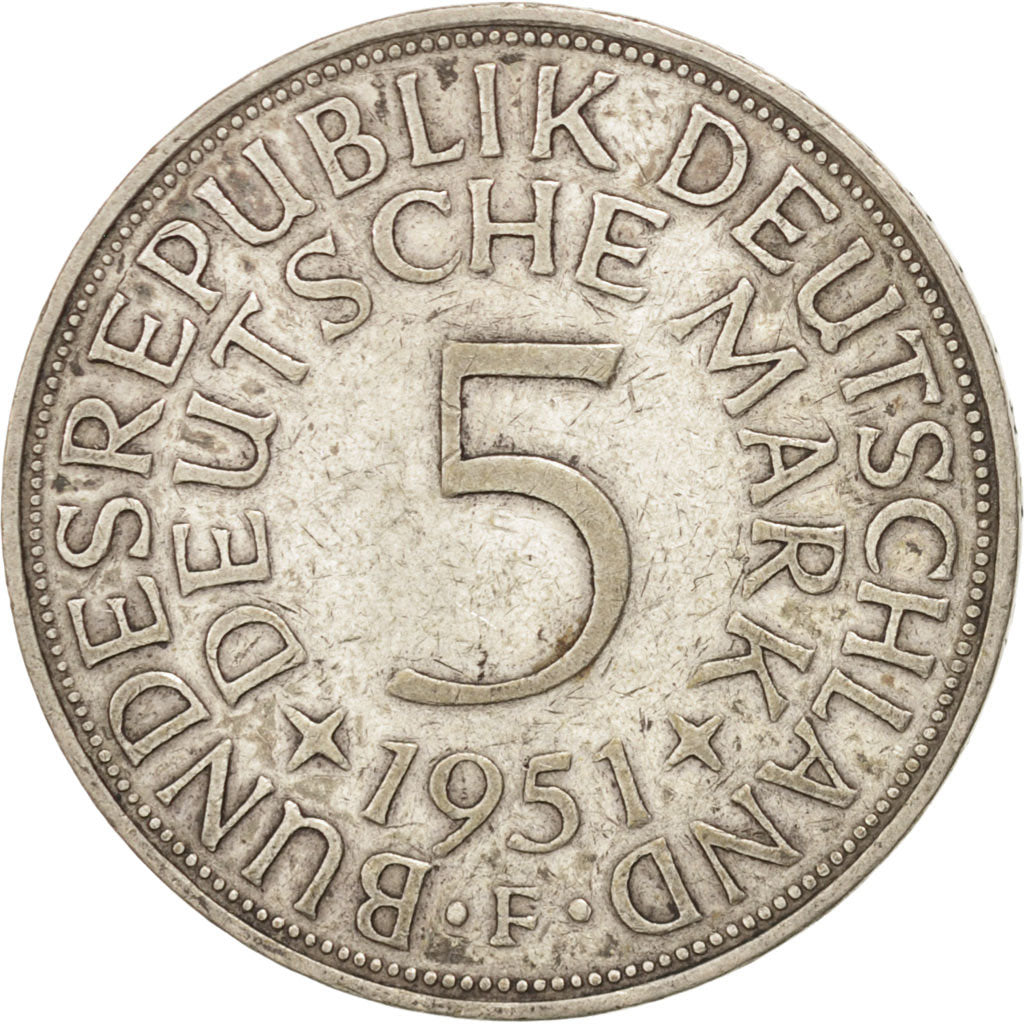 GERMANY - FEDERAL REPUBLIC, 5 Mark, 1951, Stuttgart, KM #112.1, EF(40-45),...