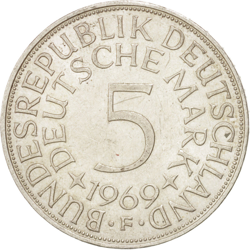 Coin, GERMANY - FEDERAL REPUBLIC, 5 Mark, 1969, Stuttgart, AU(55-58), Silver