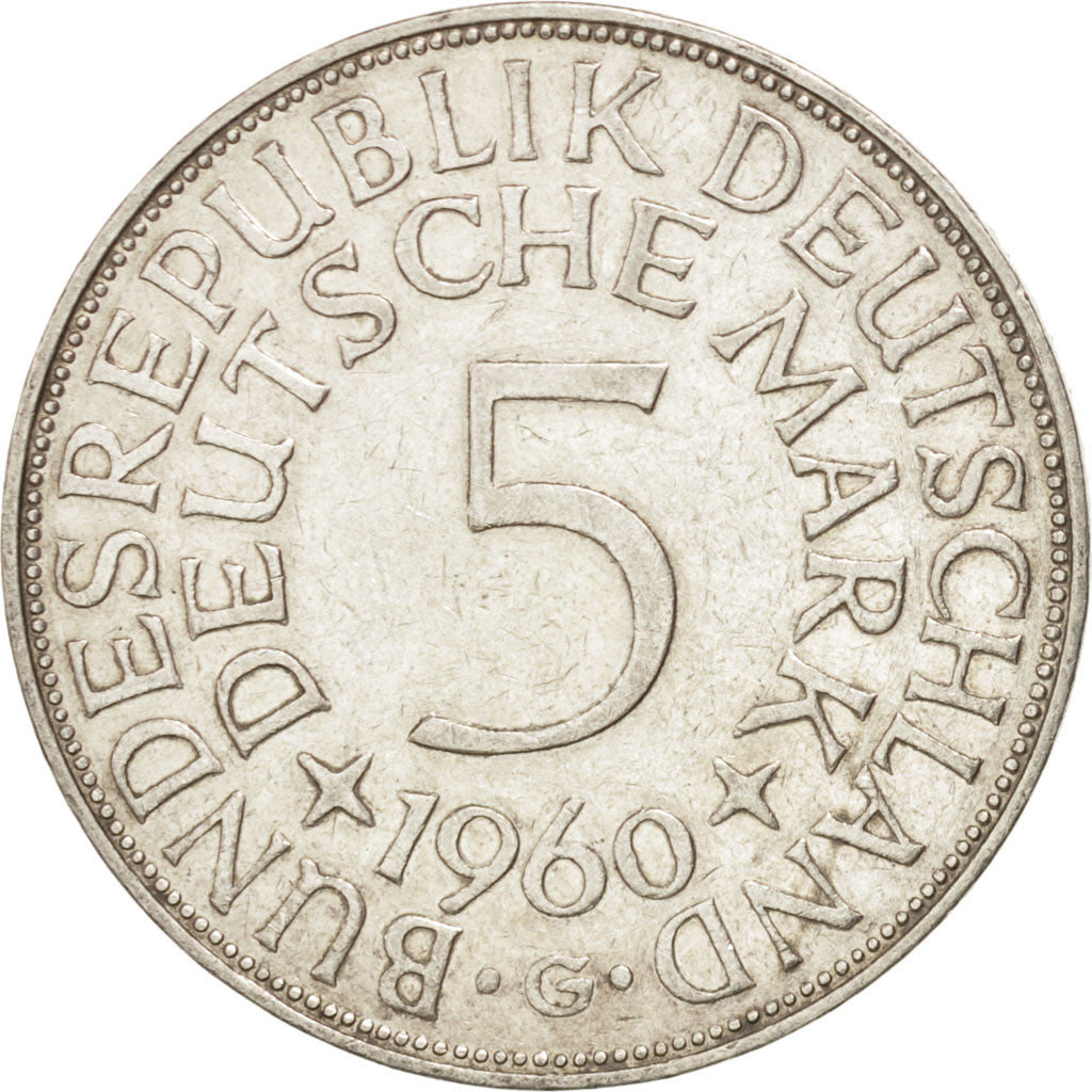GERMANIA - REPUBBLICA FEDERALE, 5 Mark, 1960, Karlsruhe, BB, Argento, KM:112.1