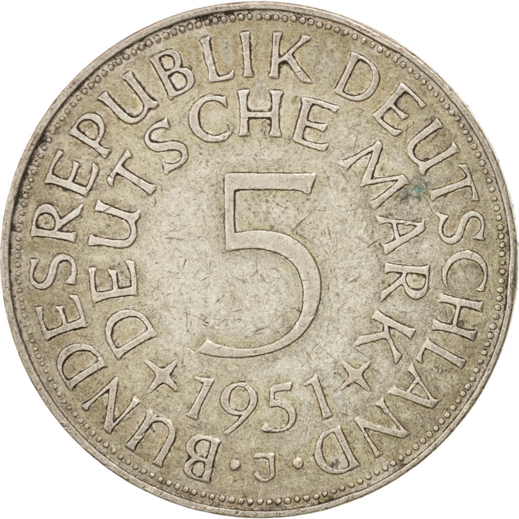 Coin, GERMANY - FEDERAL REPUBLIC, 5 Mark, 1951, Hambourg, EF(40-45), Silver
